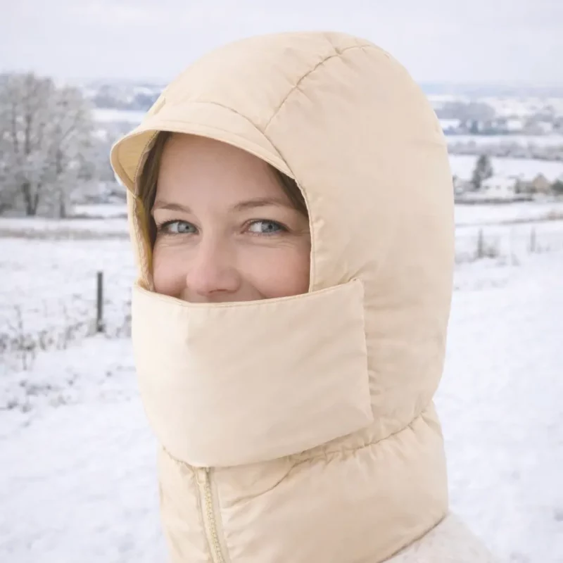 Capuche beige isolante avec cache-visage. Protection complète contre le froid, vent et neige. Style outdoor, idéale ski, rando et sorties hivernales.