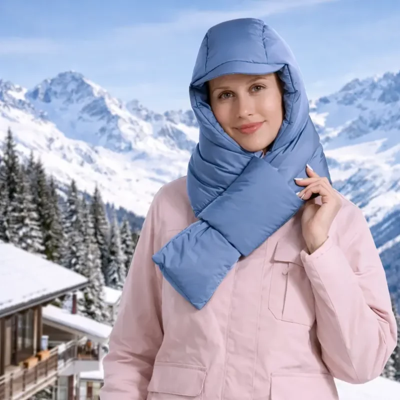 Cagoule d’hiver avec écharpe intégrée. Isolation thermique efficace, coupe-vent et confort optimal pour la montagne et le froid intense.