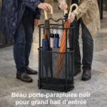 Porte-parapluie grande capacité en métal noir, parfait pour grands halls, hôtels ou bureaux, robuste et adapté à plusieurs utilisateurs.
