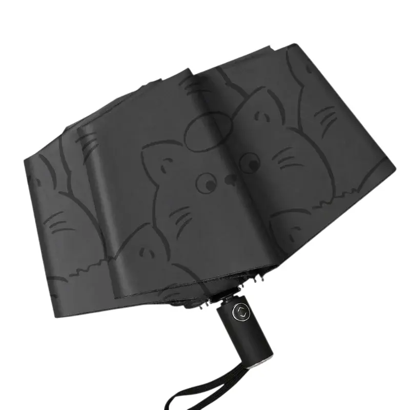 arapluie automatique noir avec motifs de chats amusants, poignée ergonomique, idéal pour rester au sec avec style et originalité.