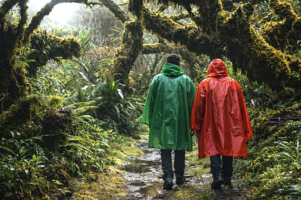 Vacances sous la pluie à la Réunion avec son poncho de pluie ! Couple de randonneurs en poncho de pluie.