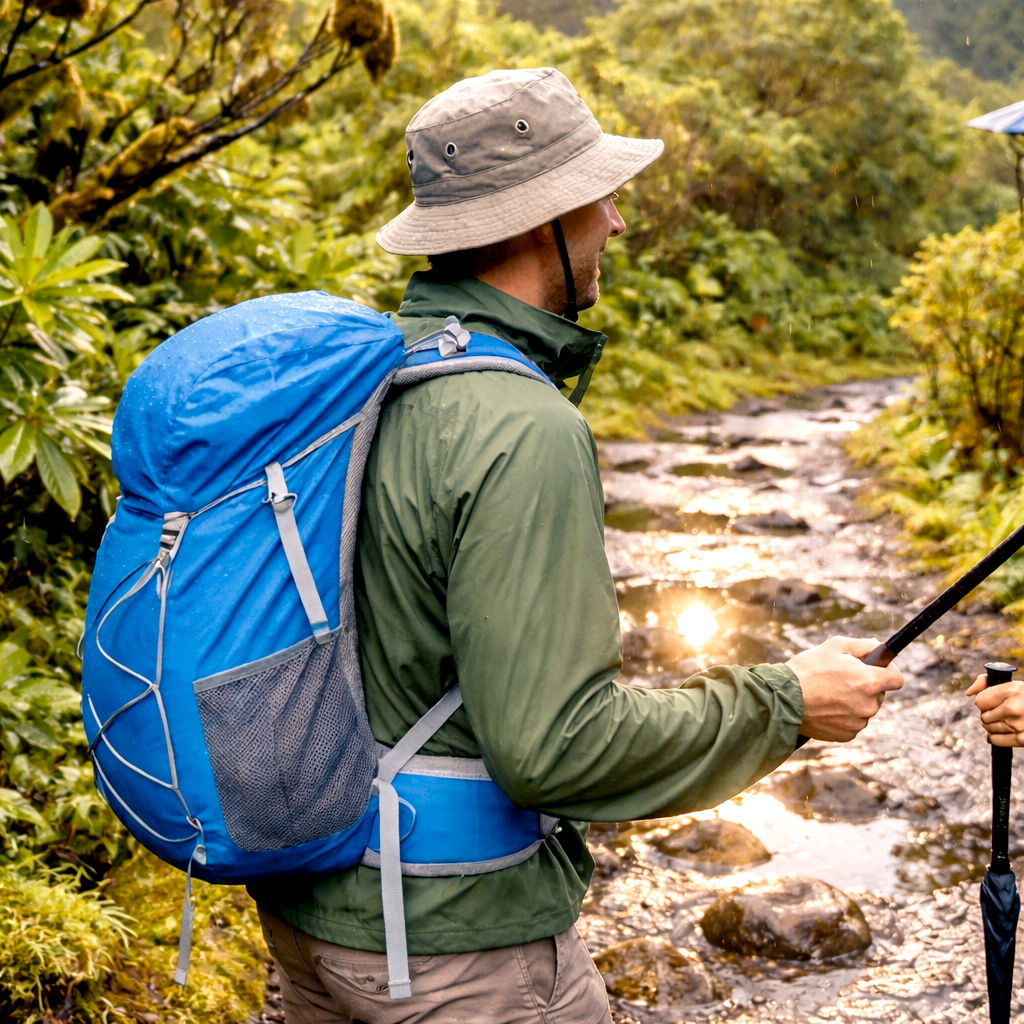 Vacances sous la pluie à la Réunion avec un parapluie ! Randonneur avec un chapeau et un poncho de pluie de chez parapluieo.com