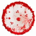 Ombrelle mariage rouge avec fleurs décoratives et rubans, design élégant et passionné parfait pour mariage chic et ambiance romantique.